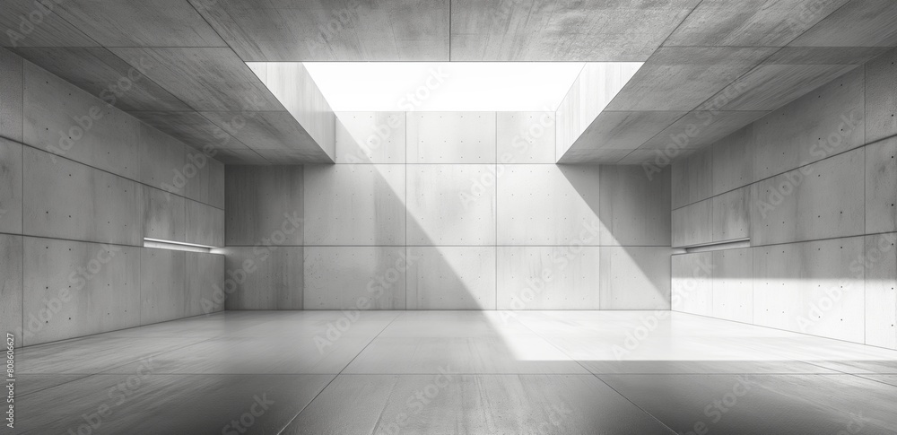 Poster a large, empty room with a large window in the middle,banner, empty concrete room with white lines a