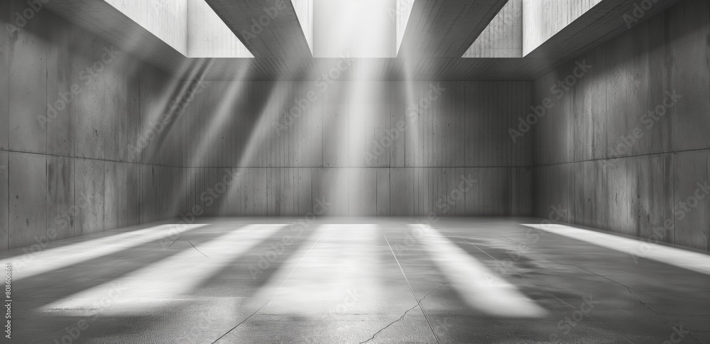 Poster a large, empty room with a lot of light shining through the windows, empty concrete room with white 