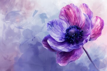 Delicate and ethereal, an anemone emerges from the canvas in the soft hues of watercolor. Its slender petals sway gracefully, capturing the flower's delicate beauty.
