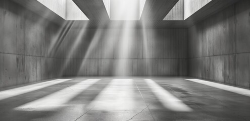 A large, empty room with a lot of light shining through the windows, Empty concrete room with white lines and light from above. Abstract background of an empty space for presentation or mock up