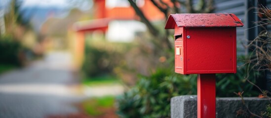 Close up red mail box on front yard of house