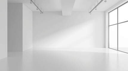 A large, empty room with a window and a white wall. The room is very clean and empty, with no furniture or decorations. The window lets in natural light, making the room feel bright and airy