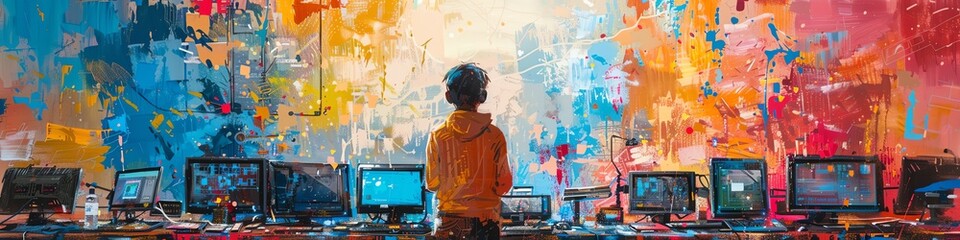 Obraz premium A young man wearing headphones stands in front of a large colorful mural