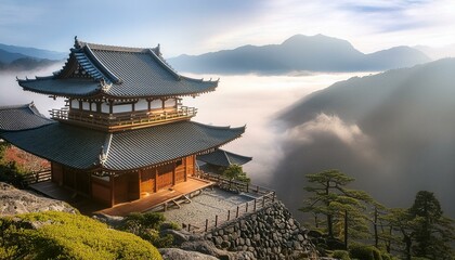 chinese temple in the night, chinese temple in the mountains, Ethereal Harmony Ancient Temple Tranquility in Japanese Mountains - Fantasy