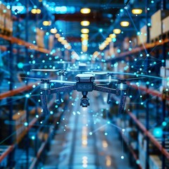A drone flies through a modern warehouse
