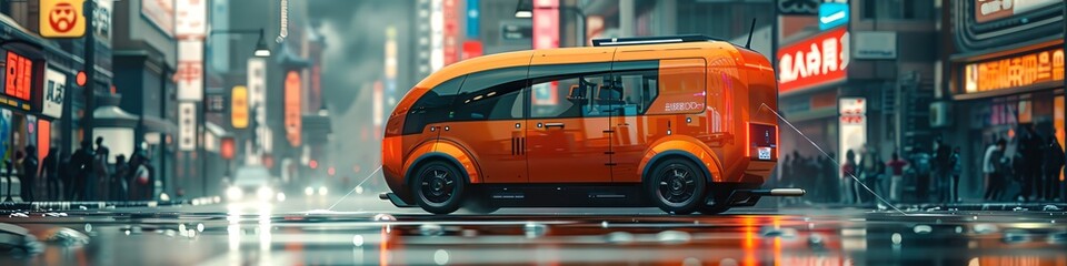 A sleek and futuristic orange autonomous shuttle bus drives through a busy city street