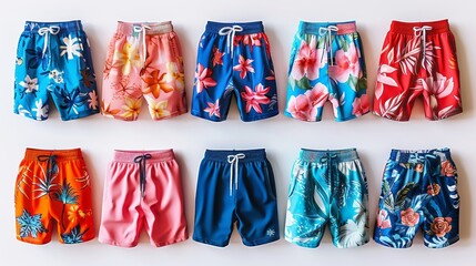 A variety of colorful swim trunks with floral and tropical patterns are displayed on a white...