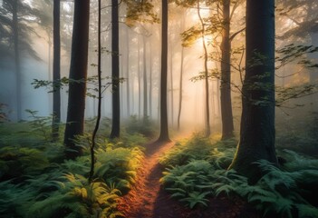 illustration, enchanting forest capturing mystical woodland atmosphere foggy landscapes ethereal beauty, light, magical, trees, dreamy, shadows, serene, scenic