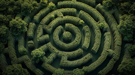 top view of green grass hedges maze or labyrinth Successful business strategy concept