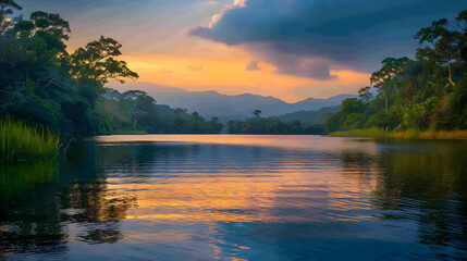 A photo featuring a tranquil lake in the golden light of sunset. Highlighting the reflection of the vibrant sky on the calm surface of the water, while surrounded by lush greenery