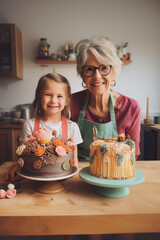 White-haired grandmother and 6-year-old granddaughter pose in front of the camera showing the desserts they prepared for the party. Happy moment, lady and little girl wearing kitchen aprons smiling