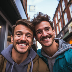 The young engaged couple with mustaches take photos with their phones during a Sunday outing. Smiling 27 year olds take a selfie on a beautiful spring day. Freedom and lifestyle concept.