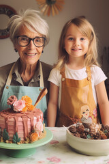White-haired grandmother and 6-year-old granddaughter pose in front of the camera showing the desserts they prepared for the party. Happy moment, lady and little girl wearing kitchen aprons smiling