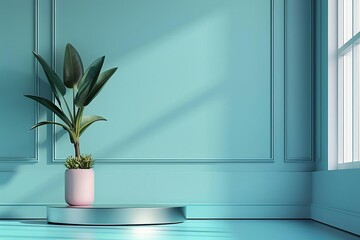 The image shows a blue room with a plant on a podium. The room is lit by a large window.