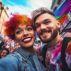 Young couple take photos of each other smiling during the Gay Pride demonstration. Girl with colored hair takes selfie photo. Concept of freedom and lifestyle
