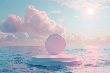  peaceful quiet landscape, pink and lilac palette colors, with circular podium , dreamy surreal concept land