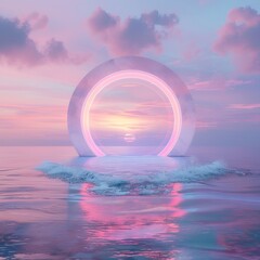  peaceful quiet landscape, pink and lilac palette colors, with rounded framework and a  beautiful view, dreamy surreal concept land