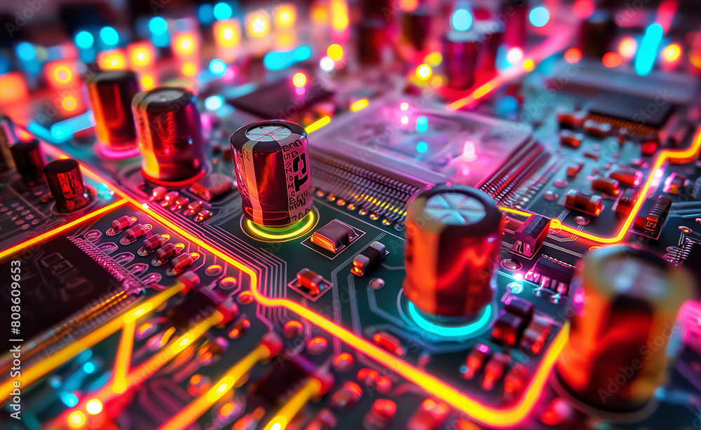 Poster neon glow: macro view of a circuit board