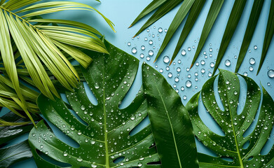 Tropical Leaves Against Blue Background