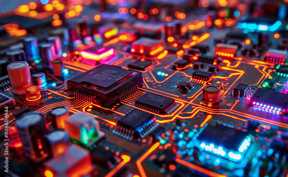 Poster neon glow: macro view of a circuit board
