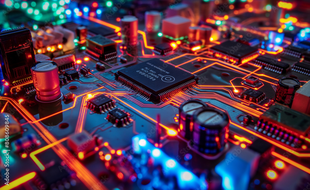 Poster neon glow: macro view of a circuit board