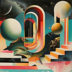 retro surreal landscape with different shapes and colors, abstract world concept