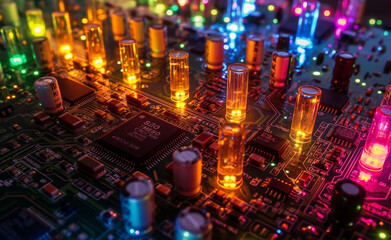 Neon Glow: Macro View of a Circuit Board
