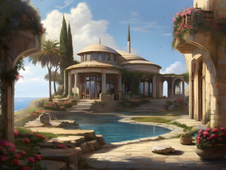 Naklejka premium hagia sophia city architecture, beach, sea, building, sky, water, travel, spain, house, city, ocean, summer, Ai generated 