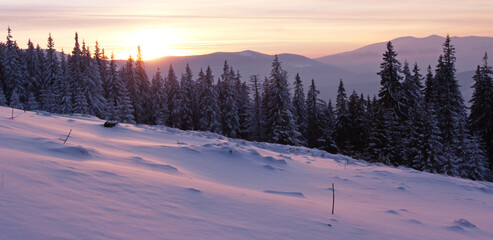 winter mountains scenery, awesome sunset landscape, Carpathian mountains, Ukraine, Europe...