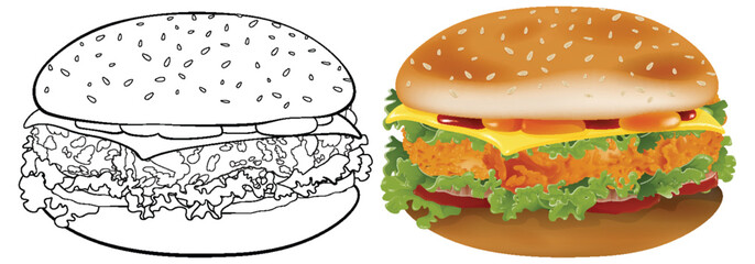 Detailed burger in two artistic styles