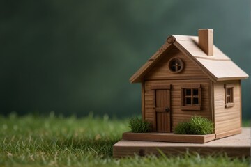 Wooden home friendly on grass. Wooden toy house in green grass banner copyspace. House in forest with greenery around, modern energy efficiency construction