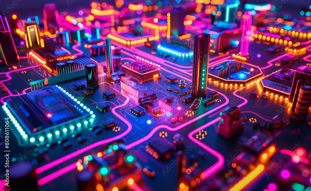 Poster neon glow: macro view of a circuit board