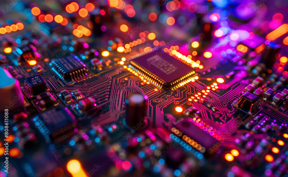 Poster neon glow: macro view of a circuit board