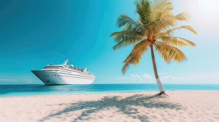 White cruise with palm tree near the beach