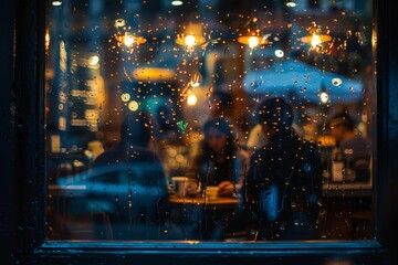A close-up view through a rainy window captures a couple of people walking by on a street