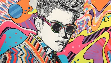 Psychedelic Fashion Illustration with Vibrant Colors and Sunglasses