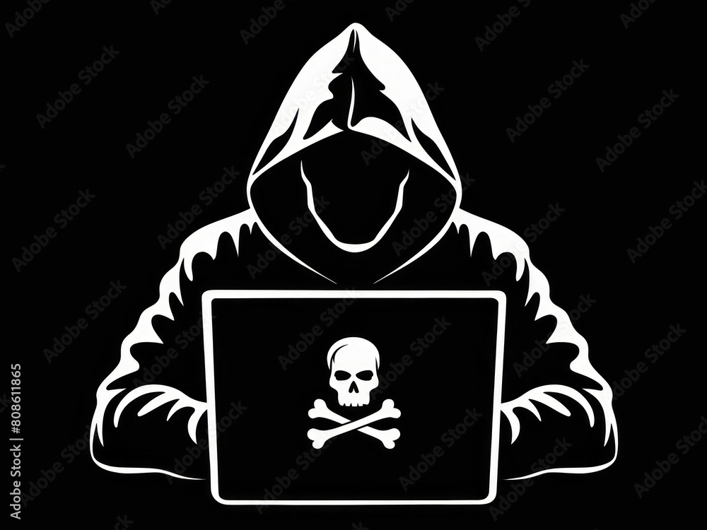 Poster mysterious hacker in hoodie with skull and crossbones on laptop screen.