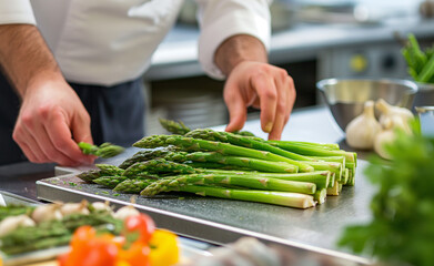 Gourmet Asparagus Preparation in a Professional Kitchen