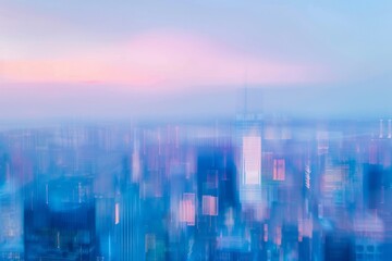A blurred cityscape photograph at dusk, featuring towering skyscrapers against a background of blue and pink hues
