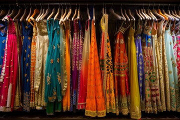 Assorted colored scarves hanging on elegant rack in boutique, showcasing Indian womens fashion dresses