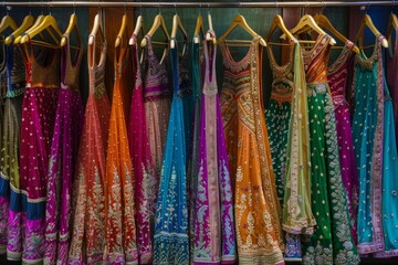 Display of vibrant Indian womens fashion dresses on elegant hangers in a boutique setting