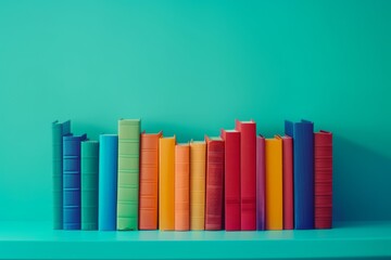 Colorful books neatly aligned on a blue shelf against a teal background