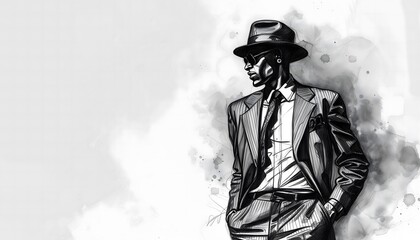 Stylish Man in Hat and Suit Illustration with Monochrome Background