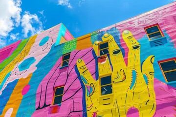 A colorful building stands out with a vibrant mural on its side, featuring a large hand design that catches the eye