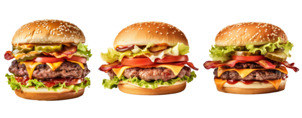 Three burgers in a row, each with a different topping.