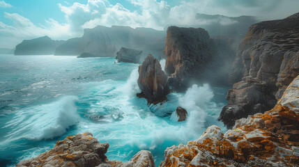 A photo featuring a dramatic coastline with towering cliffs. Highlighting the crashing waves against the rugged rocks, while surrounded by sea spray