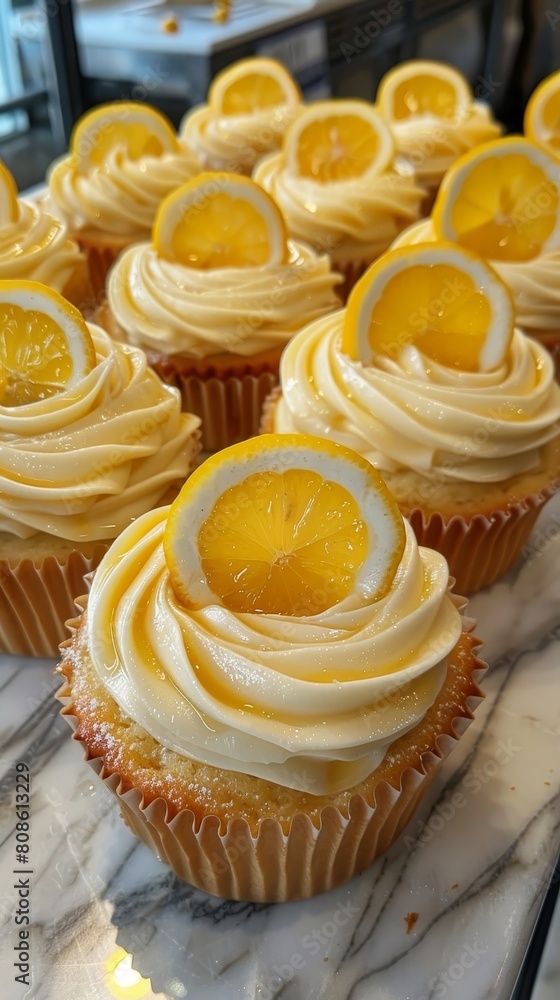 Poster a row of lemon cupcakes with a lemon slice on top