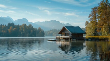 Obraz premium Majestic mountains rise majestically behind a picturesque lake, where a small house rests at the foot of the towering peaks. 