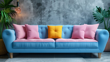 Interior of modern living room with comfortable blue soft sofa with colored pillows, Cozy space in residential interior.
