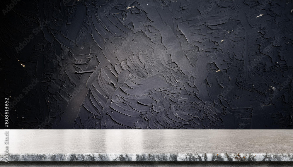 Poster empty grey marble tabletop with dark black cement stone background for product displayed in rustic m